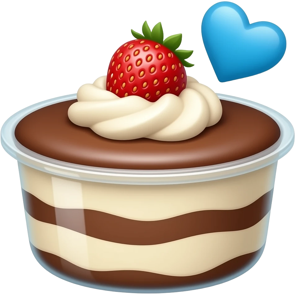 minimal cocoa tiramisu with a strawberry in a large container and with 🩵 emoji