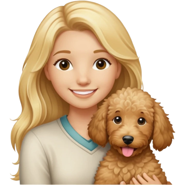 clean girl long blonde hair smiling holding tan goldendoodle emoji