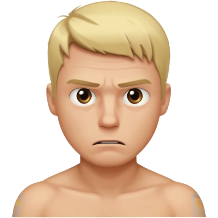 a blond guy with a short haircut, a tired and angry face, no shirt, with dark circles under his eyes emoji