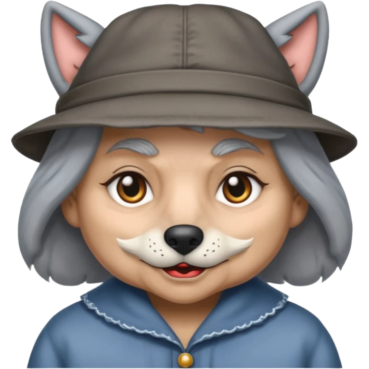 The big bad wolf is wearing Grandma's clothes and a hat, yet its face still looks like a wolf's. emoji