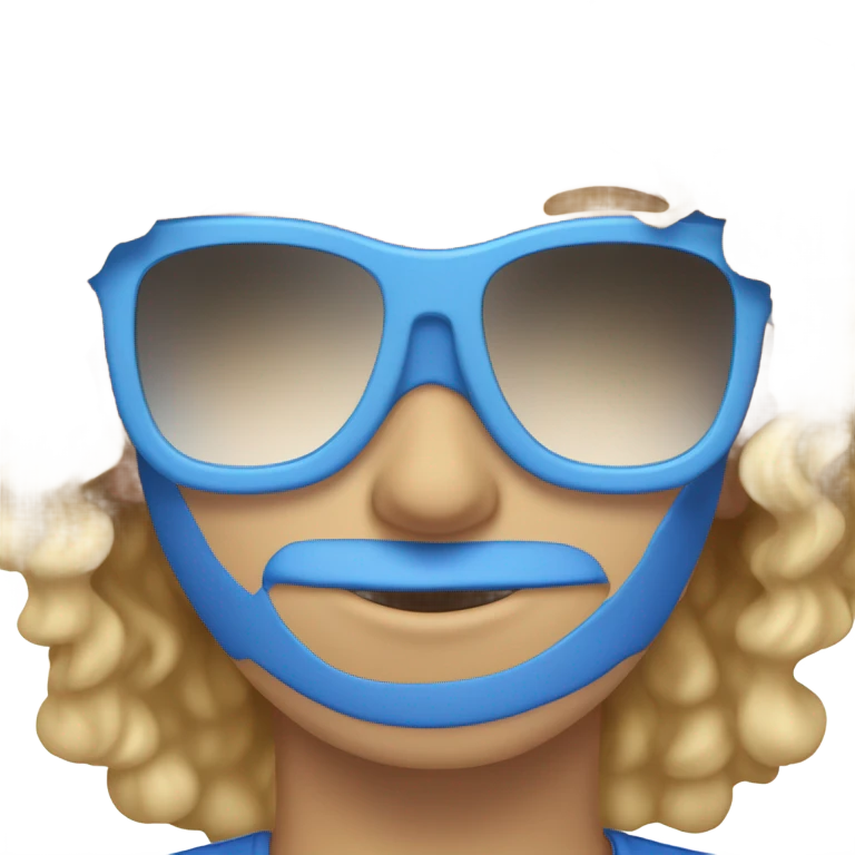 curly blond in a t-shirt. on dbu blue mirrored sunglasses, blue eyes, square face shape emoji