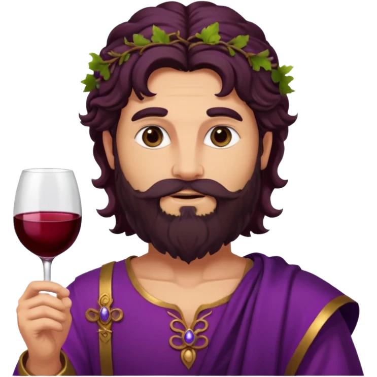 Bacchus, Wine God from Rome Mythology with long dark brown hair and beard, purple and burgundy outfit, emoji