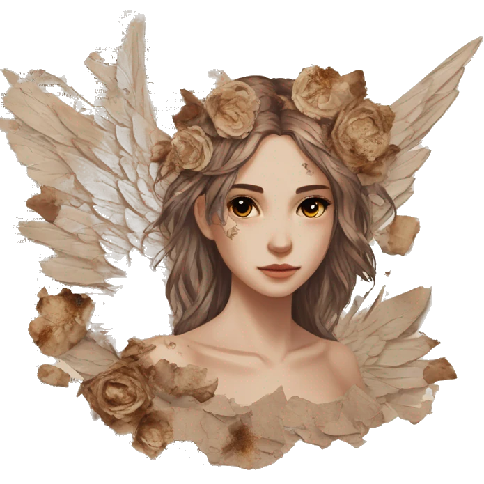 Library book bookworm academia aesthetic beige angel broken angel fallen angel tattoos with broken wing damaged wing torn wing, made of newspaper cuttings and dried flowers brown flowers emoji