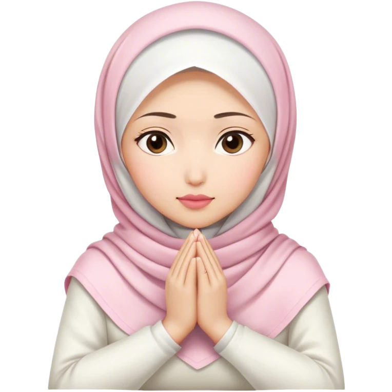 A white Asian woman, white hijab women are listening with her hands folded on the table. her lips is pink. emoji