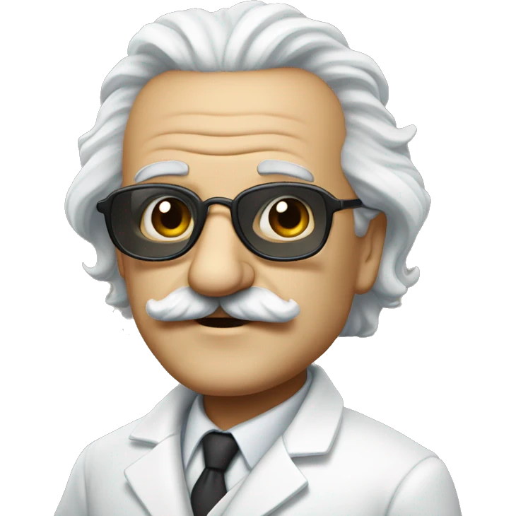 a scientist resembling Albert Einstein, bald, with hair on the sides of his head, a large mustache and round sunglasses. Wearing a white duster. emoji
