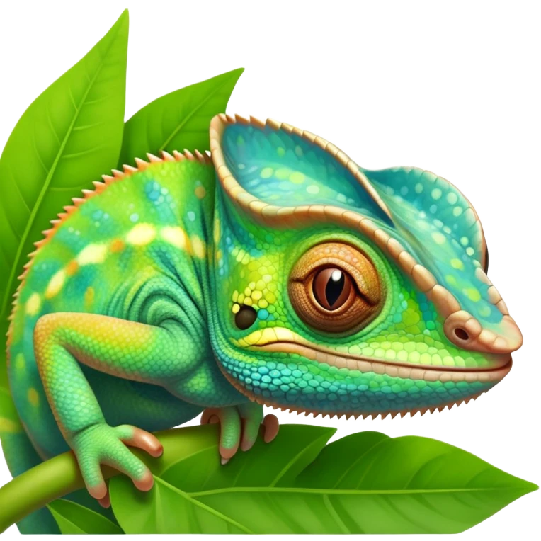 cinematic cute-smiling baby chameleon-realistic emoji,-blending-with-vibrant-greenery.-detailed-scales-in-shifting-colors,-showing-the-chameleon’s-ability-to-camouflage.-soft-natural-light-highlights-its-texture.-light-background, zoomed into its face emoji