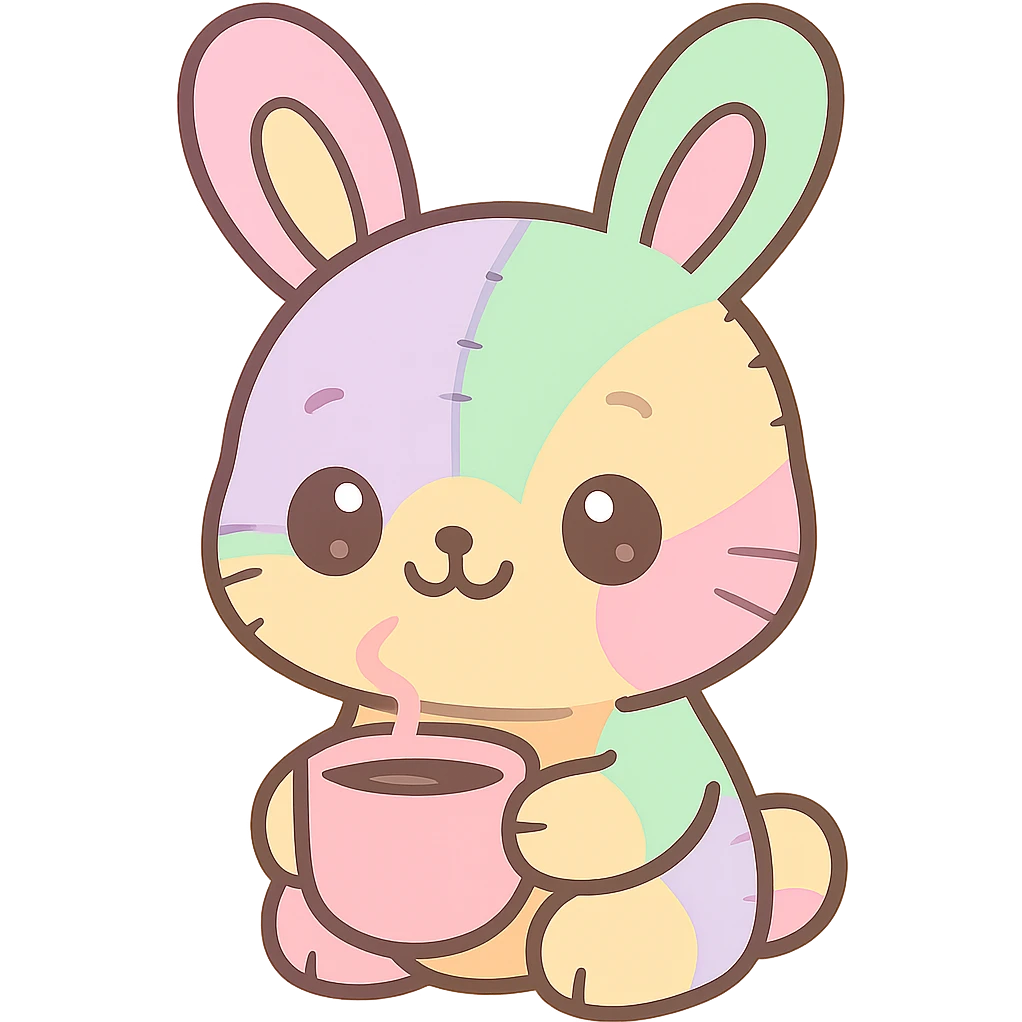 whimsical female bunny with rainbow fur, visible stitches, coffee cup, soft cartoon style emoji