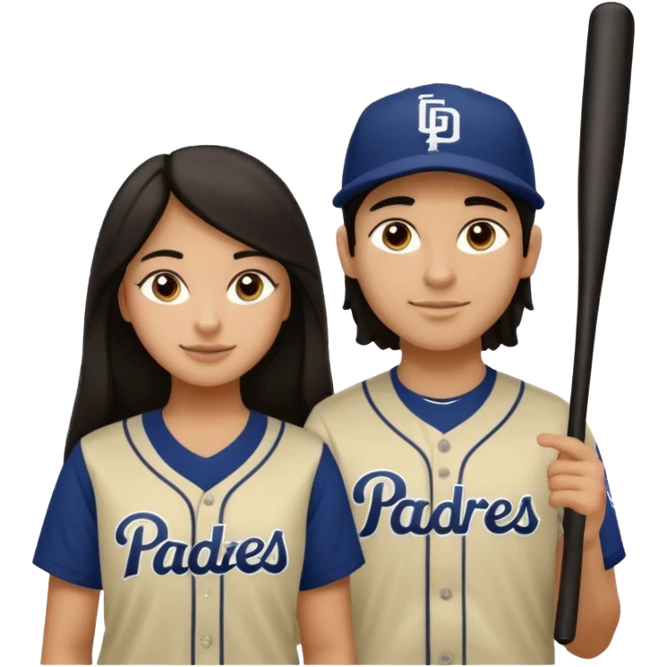 Couple in a game with dark hair but olive skin. They are girlfriend and boyfriend. Not sibling. Girl has long dark and dimples on the cheeks. The boy has dark hair but shortand prominent eyebrows with egipcian nose. Both are wearing “Los Padres” baseball jerseys and with a sign that says “Go Padres” emoji