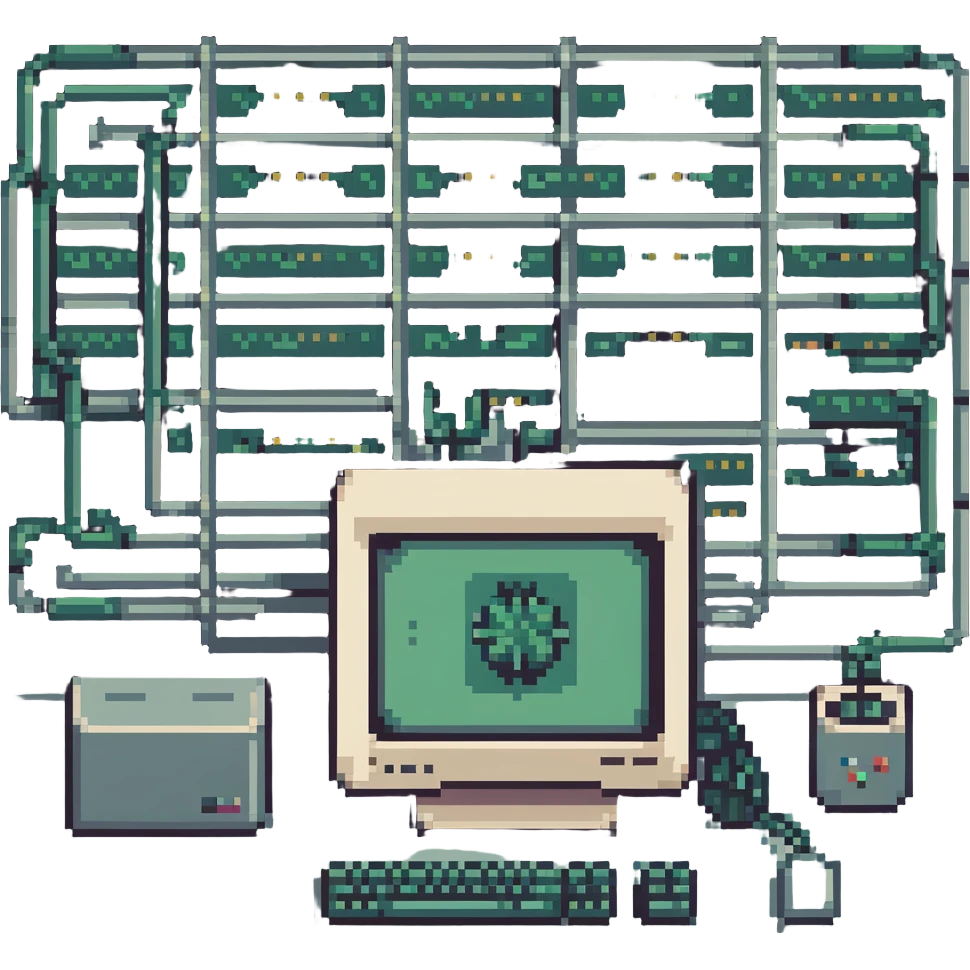 AI banner with pixelated computer and neural network, retro vibe emoji