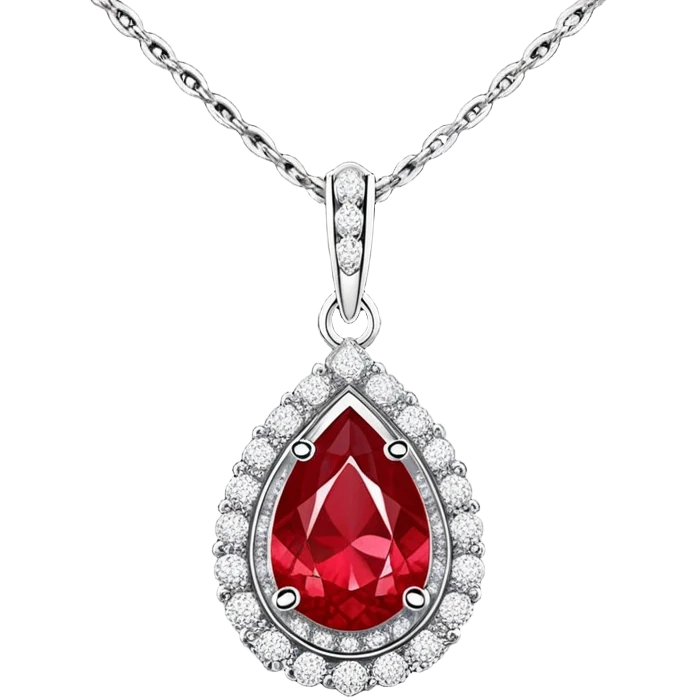 teardrop ruby pendant glowing fiery red, set in a delicate silver chain with a halo of shimmering white stones emoji