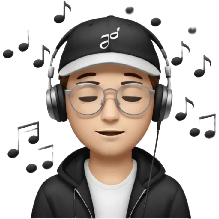 dj man white with baseball cap - rayban glasses - brown hair - closed eyes with headphones on with musical note over head (listening to music ) - eyes closed no glasses - black hat  musical notes floating around head emoji