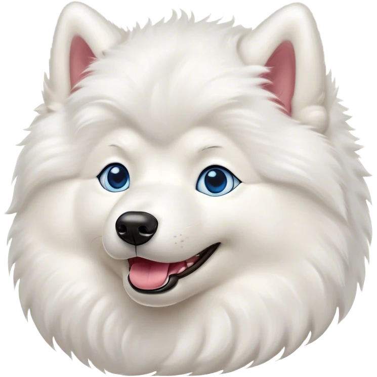 Cinematic Comical Samoyed Portrait Emoji, Head tilted dramatically with an exaggeratedly amused expression, featuring a striking, fluffy white Fur with a radiant sheen, wide, expressive blue eyes filled with playful disbelief, Simplified yet hilariously expressive features, highly detailed, glowing with a slightly sassy glow, high shine, dramatic yet playful, stylized with an air of cheeky mischief, bright and endearing, soft glowing outline, capturing the essence of a spirited and over-the-top companion, so meme-worthy it feels like it could side-eye its way into internet fame instantly! emoji