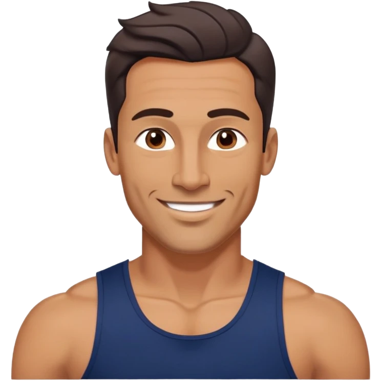 Athletic 40-year-old man with tanned light brown skin. Elongated face with defined jawline. Confident smile. Medium dark eyes, arched eyebrows. Straight nose. Wavy dark hair in a modern cut. Wearing a navy blue tank top showing fit physique. emoji