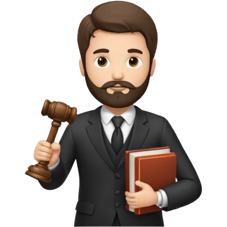 Create a male lawyer. he is wearing a fromal suit jckeret. He is holding a gavel in one hand and a book tucked under his another arm. He has beard. And the hair is kinda darker but not black. and is kinda short at the layers emoji