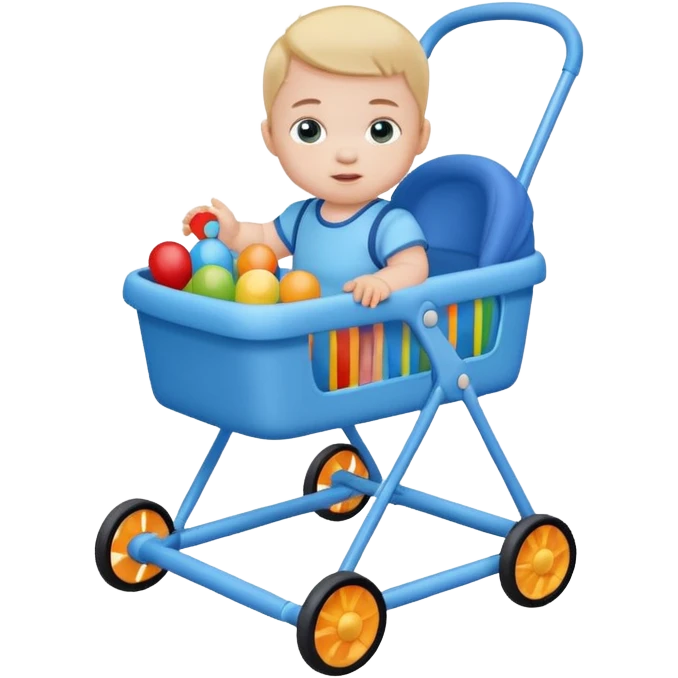 blue baby walker with toys on  it and baby is sittting emoji