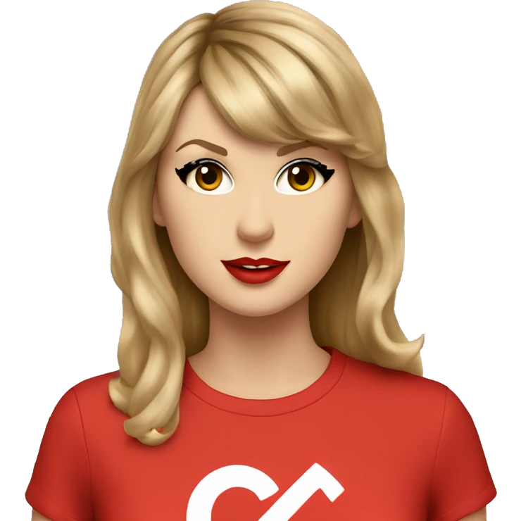 taylor swift wearing a red t-shirt with a "G" on it emoji