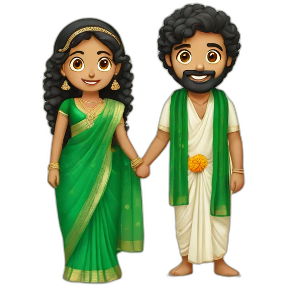south indian girl with curly hair wearing green saree marrying south indian guy with straight hair and beard wearing dhoti emoji