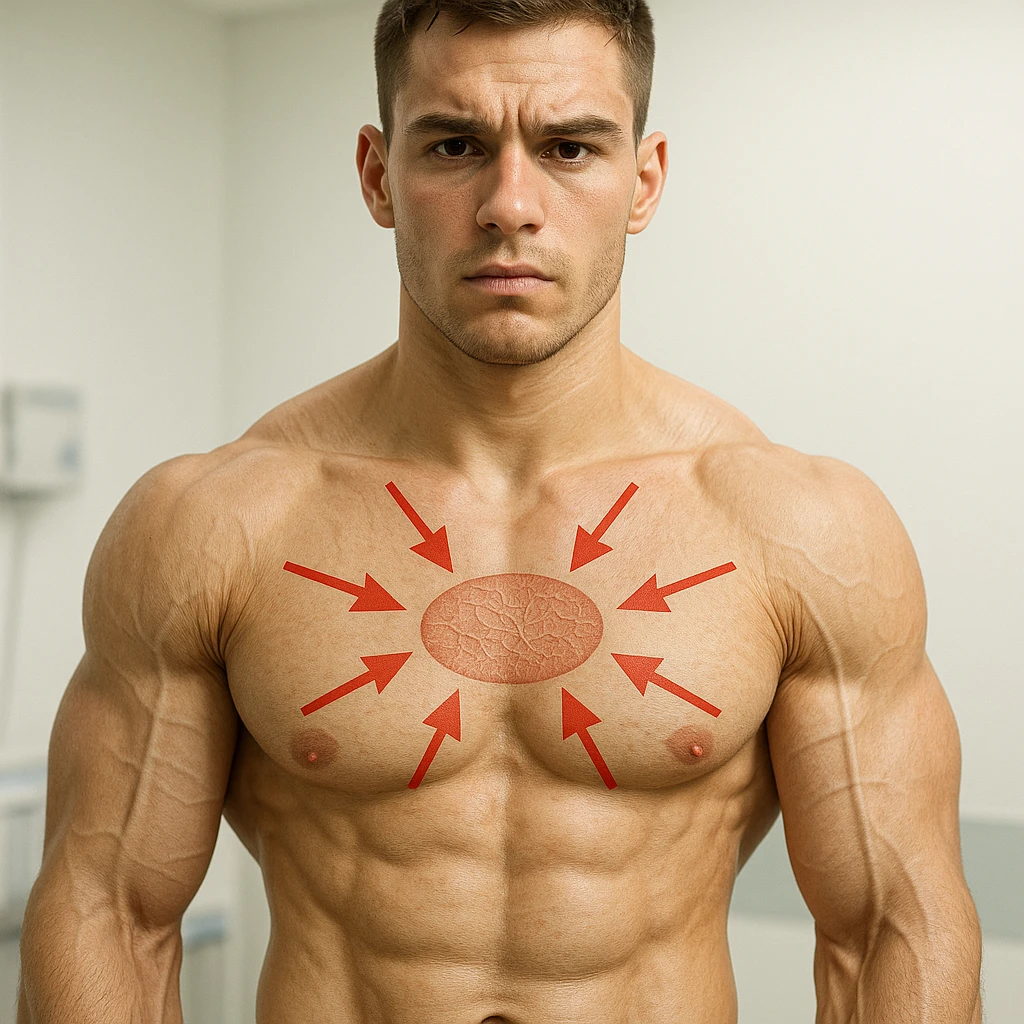 25-year-old bodybuilder with low collagen levels, hyper realistic style, defined muscles, less elastic skin, red arrows pointing away from collagen on the skin, clinical atmosphere, light background emoji