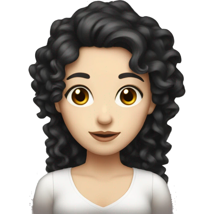 Lady with white skin and long curly black hair and brown eyes and pretty emoji