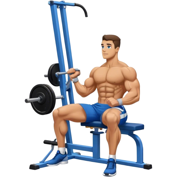 side-view bodybuilder in blue shorts seated weighted calf-raise machine on his tip toes emoji