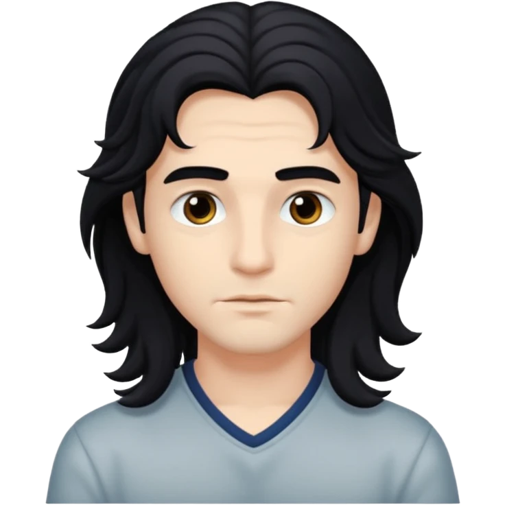 A handsome boy with long, wavy black hair that falls to his eyes, and matching dark eyes and eyebrows.
 emoji
