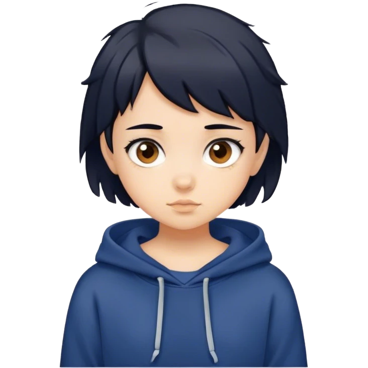 A girl with really short messy black hair in a navy blue sweatshirt with brown eyes and is 10 years old emoji