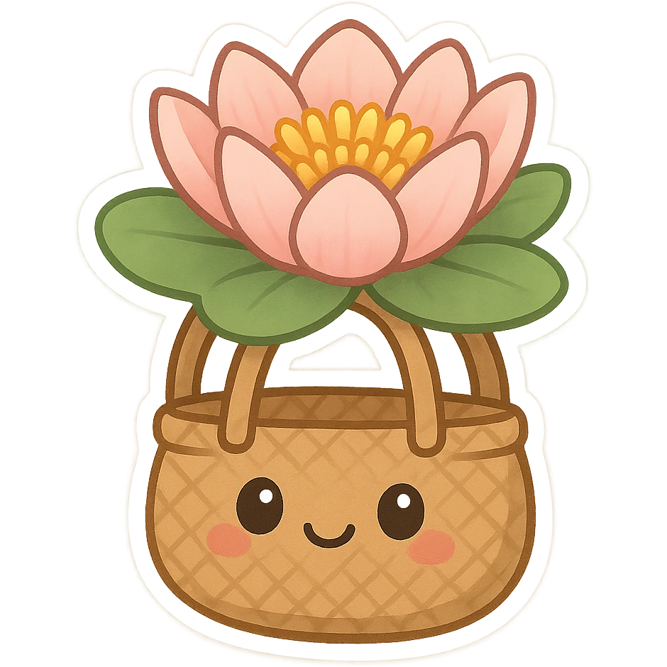mascota para proyecto productivo, lirio de agua con asas de bolso artesanal, estilo caricaturesco y simpático, colores frescos y naturales emoji