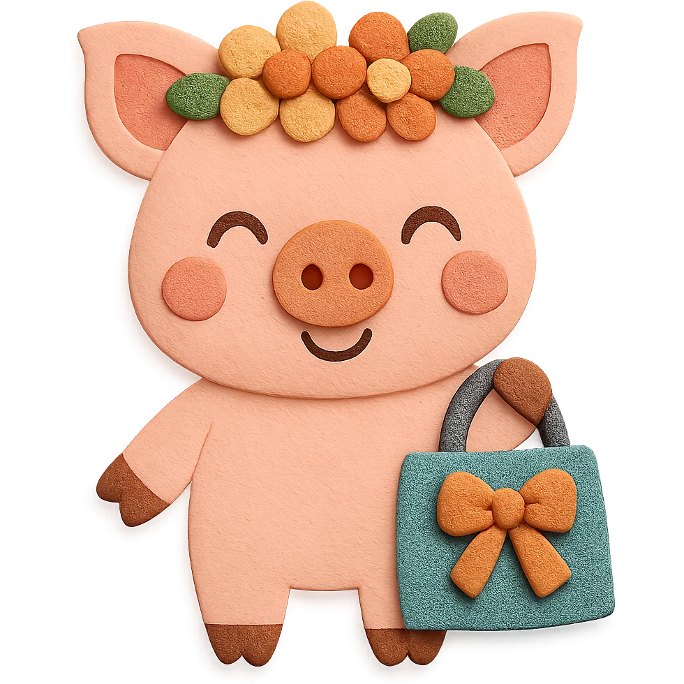 Enhance the visual design of the piglet with flower crown and gift bag to look even better and happier. Make the piglet's expression more joyful, add extra visual polish to the flower crown and gift bag, and increase the overall cuteness, while keeping the paper-craft style. emoji