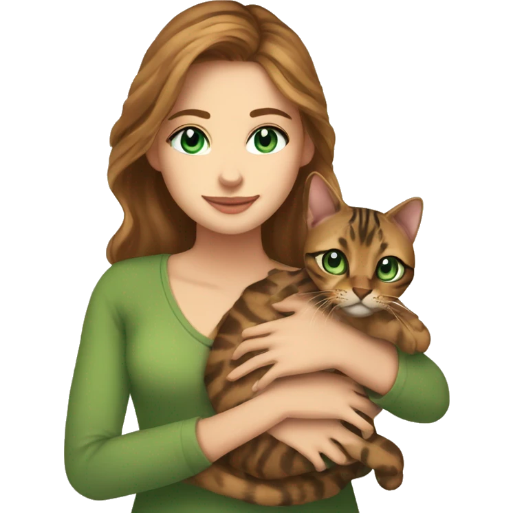 a beautiful girl with green eyes and brown hair is holding a Bengal cat with blue eyes in her arms emoji
