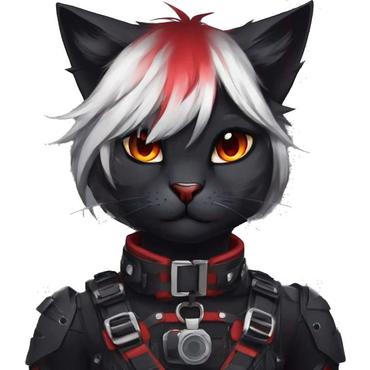 Anthro Edgy Cool Beautiful Black Cat-Fursona-Fakemon with Emo Hair-bangs with Red Streaks Chest Harness emoji