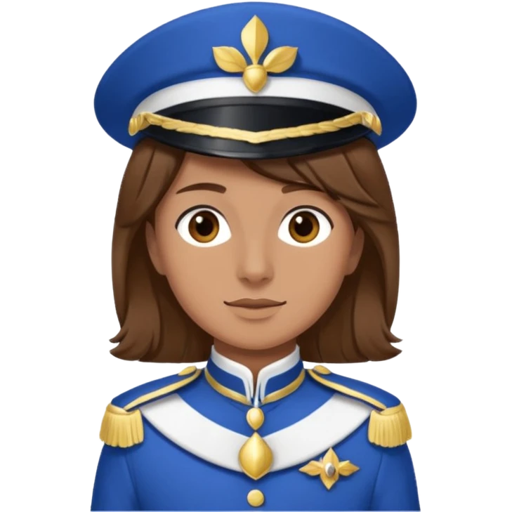 Bonjour, est ce que tu pourrais me créer un emoji, de moi (la personne a droite, brune) avec la tenue de certains membres de la  fanfare (la tenue bleue et blanche ) que tu vois sur la photo. Attention mets bien la fourragère a gauche s'il te plaît emoji