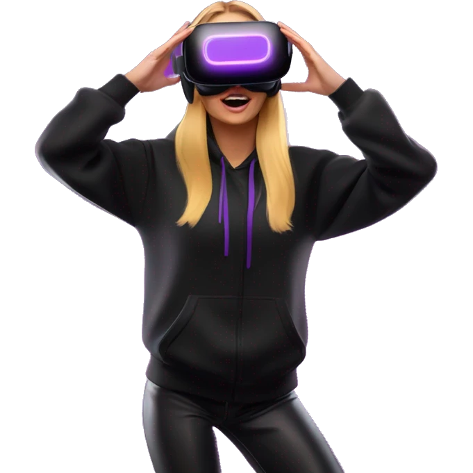 Russian girl wearing black hoody with violet letters "OMG", in vr headset oculus quest2. Dancing. Cyberpunk style. Violet neon. emoji