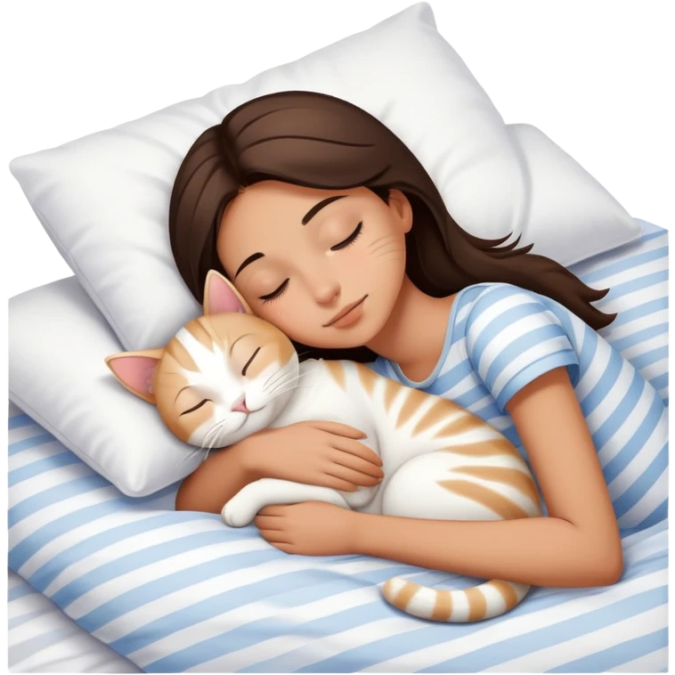 side view brunette teenage girl sleeping with white cat that has beige stripes on a white pillow with white sheets emoji