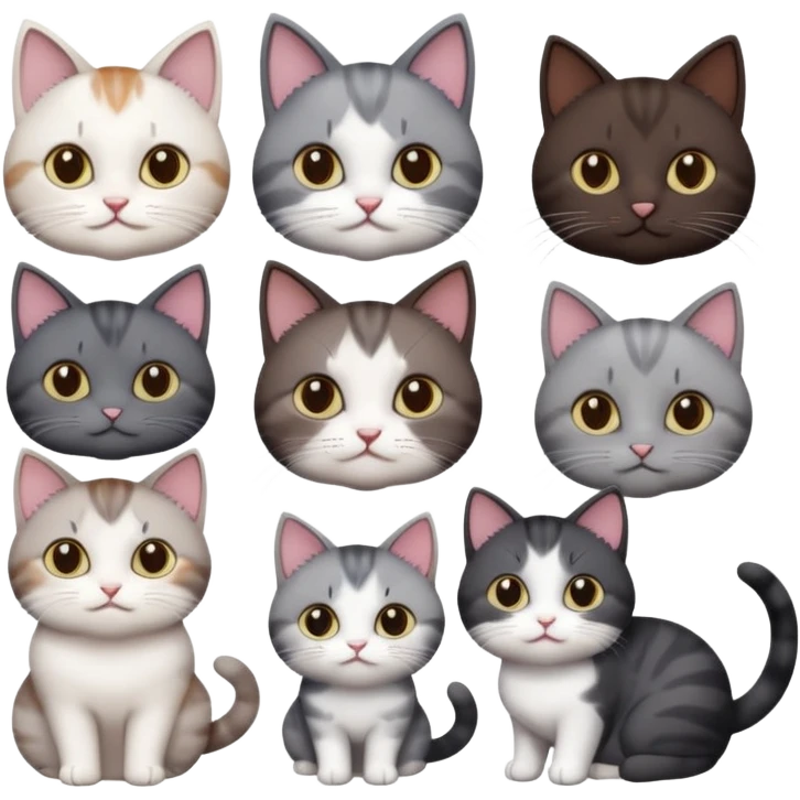 4 different coloured short haired cats including; a dark brown and white cat, and a dark grey and white  emoji