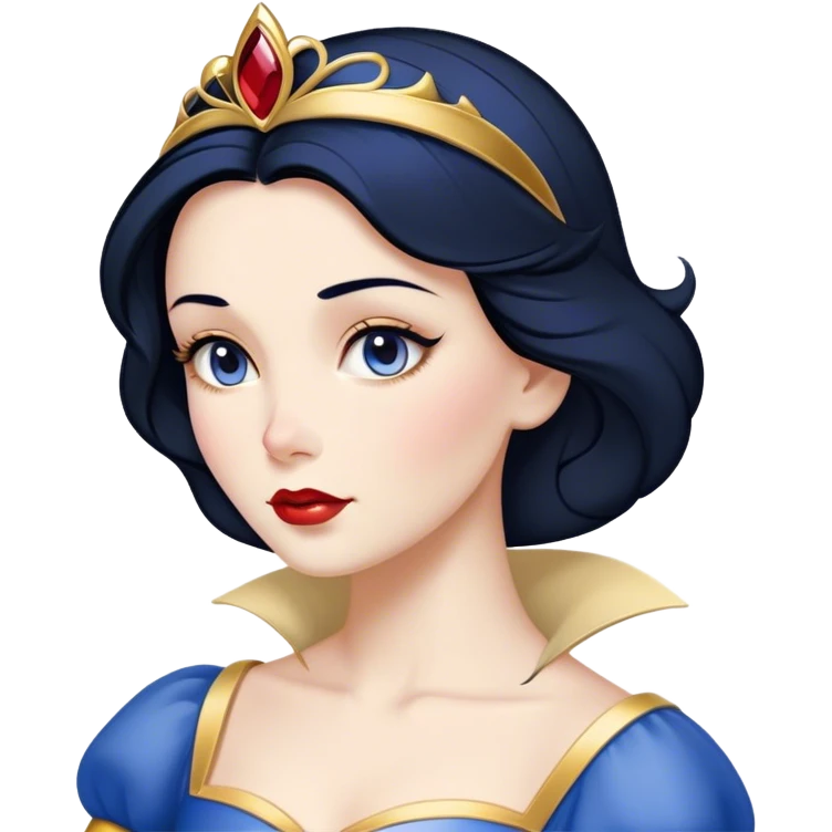 Cinematic Timeless Snow White Portrait Emoji, rendered in a clean, vector style. Depict Snow White with flawless porcelain skin, elegantly styled raven hair, and a serene, graceful expression, dressed in her classic blue and gold ensemble. The design features bold, simplified shapes, a soft, enchanting glow, and a subtle glowing outline, epitomizing pure, timeless beauty. emoji