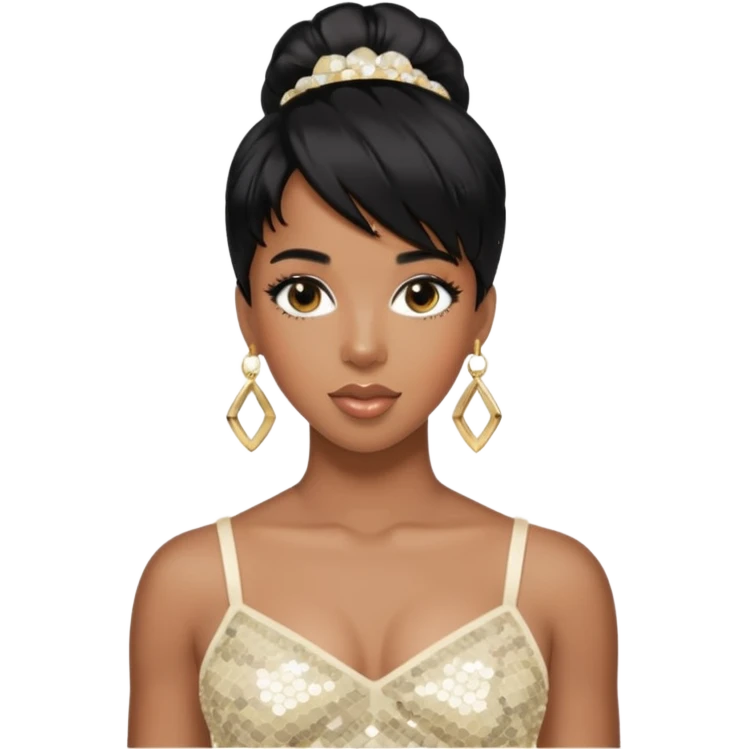 Kelly Rowland with black hair, ivory sequin crop top, ivory earring emoji