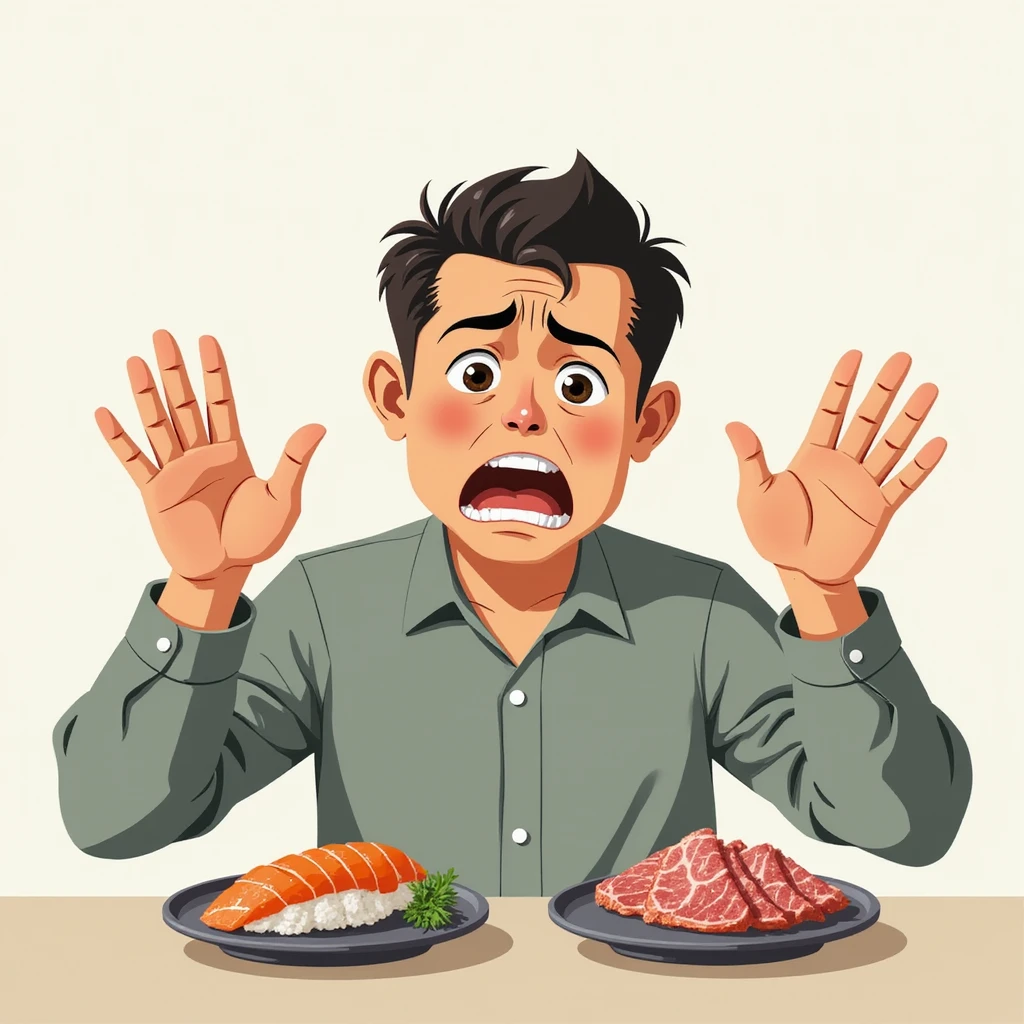 adult man refusing sushi, salami and cold cuts, determined or disgusted expression, hands raised in refusal gesture, plates of sushi and cold cuts in front of him, realistic or illustrative style, neutral background emoji