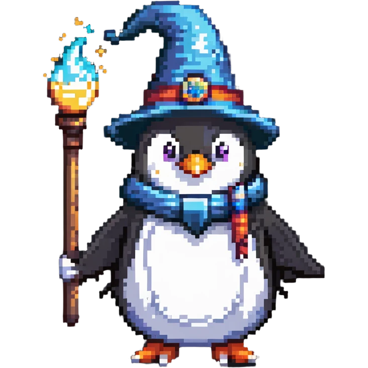 penguin wizard with a magic wand and wizard hat emoji