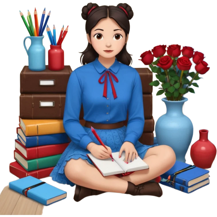 A woman with dark hair, straight and dark brown, styled in two buns, wears a blue long-sleeved shirt and a brown lace ruffled skirt. She holds a crayon in one hand. She sits on the floor with her legs crossed. The floor is covered with five stacks of colorful notebooks and a vase of red roses.  emoji