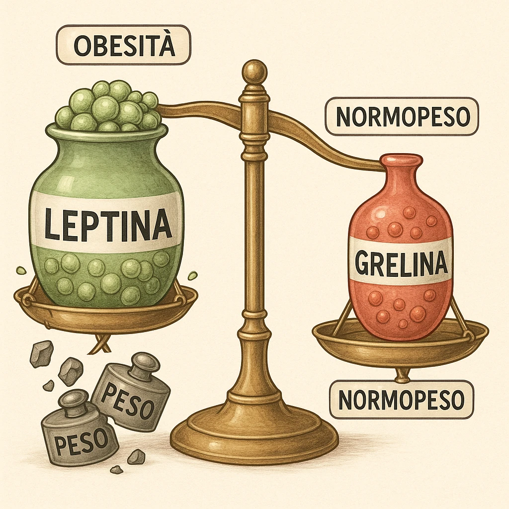 Diagramma endocrinologico in italiano: bilancia con leptina (verde) e grelina (rossa). Lato obeso: etichetta 'Obesità', leptina traboccante, bilancia bloccata, pesi rotti con la scritta 'Peso'. Lato normopeso: etichetta 'Normopeso', bilancia bilanciata, grelina normale. Tutte le scritte interne sono in italiano. Illustrazione medica, dettagliata, 4K. Style: endocrinologico, medical illustration, detailed. emoji
