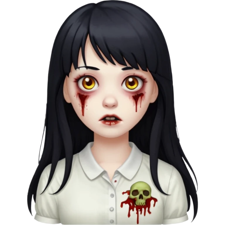 Um emoji de uma menina zombie de blusa branca num fundo preto de cabelo longo e preto e franjinha emoji