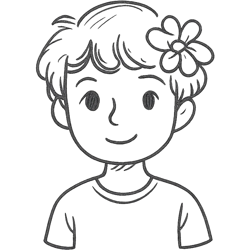 a boy with fluffy, wavy short hair and brown eyes, wearing a light grey t-shirt and a light pink flower on his head, hand drawn style emoji