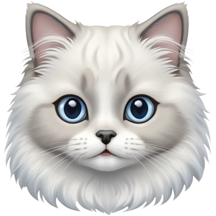 cinematic-adorable-big-eyed-fluffy-white and grey-ragdoll-cat-portrait-emoji,-head-tilted-playfully-with-a-sweet-expression,-fluffy-grey seal colour with white-fur,-simplified-yet-irresistibly-cute-features-with-large,-blue eyes expression, emoji