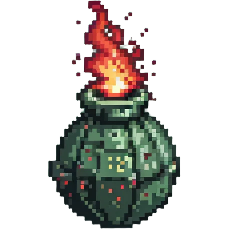 Red digital bomb with flame-shaped fuse on top, round bomb body with red highlights and details, pixel art style emoji