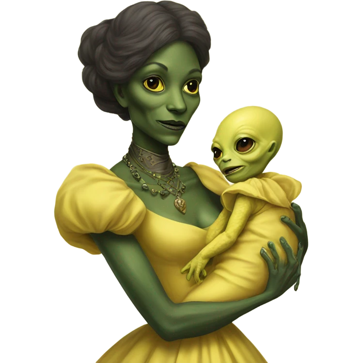  Reptilian alien woman, full body, in victorian jellow elegant dress, holds a newborn humman baby emoji