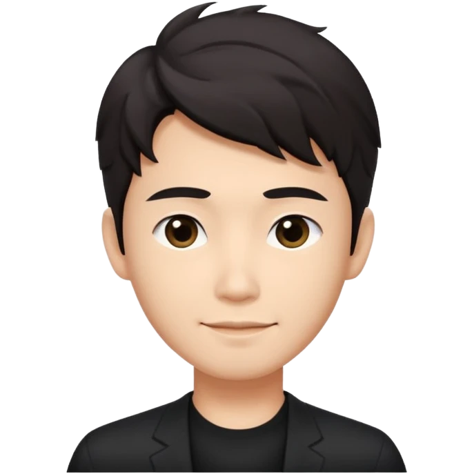 Asian guy wavy hair, dressed cool in black, demure but with a smirk  emoji