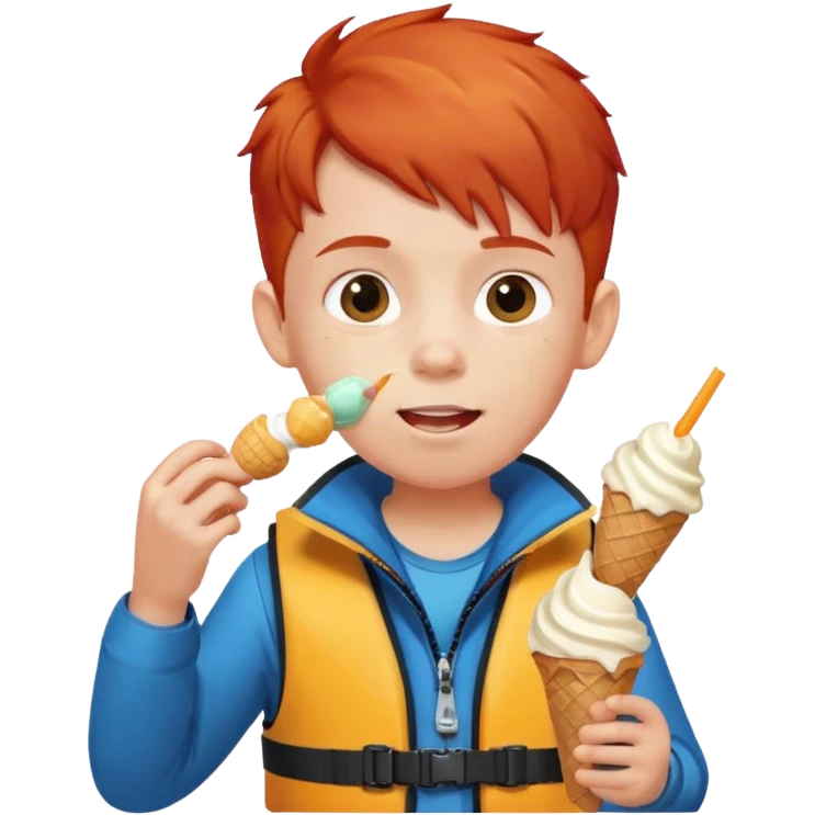 boy kid red haired wearing lifejacket, eating ice cream emoji