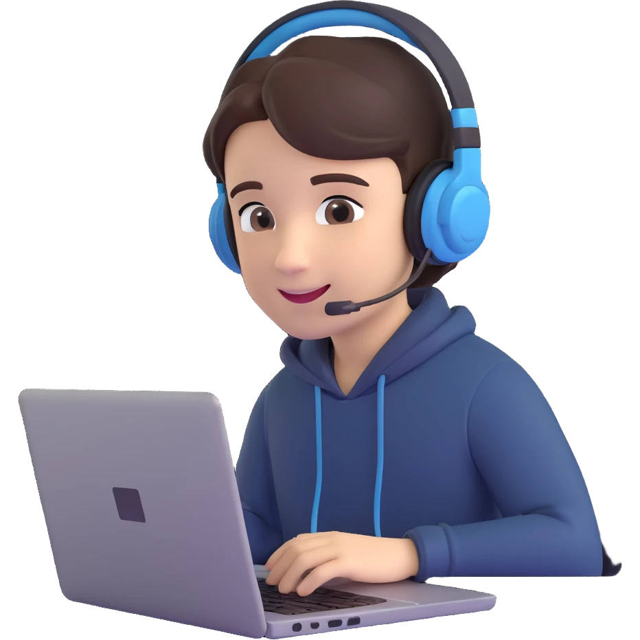 3D emoji style image of a student participating in an online exam, wearing a headset, looking at a laptop, slight smile emoji