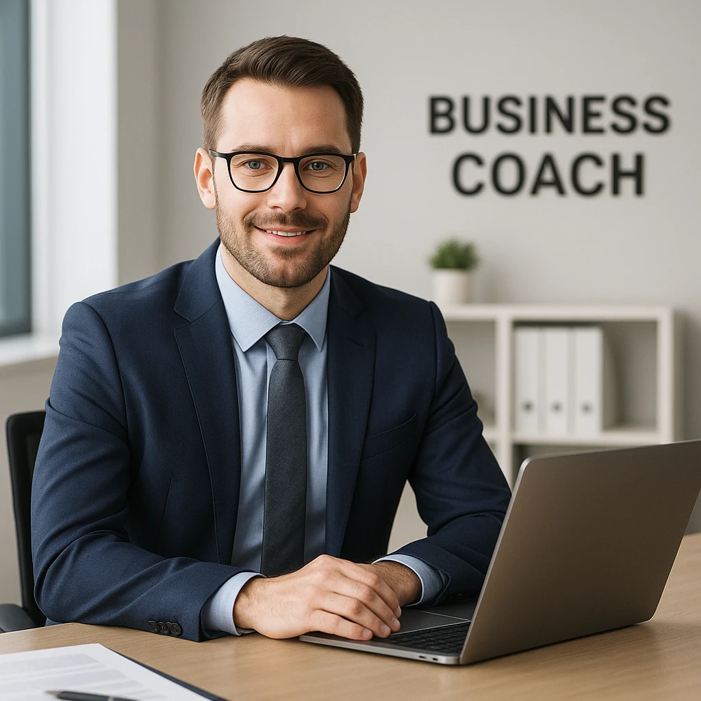A 35-year-old male business coach sitting at a desk with a laptop, professional and modern style emoji