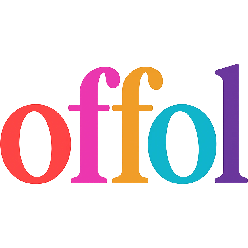 colorful modern text image with the word 'offol' in the center, varied colorful fonts, no emoji or face emoji